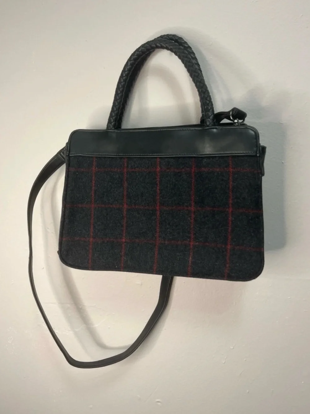 Plaid Wool Top-Handle Tote in Black and Red